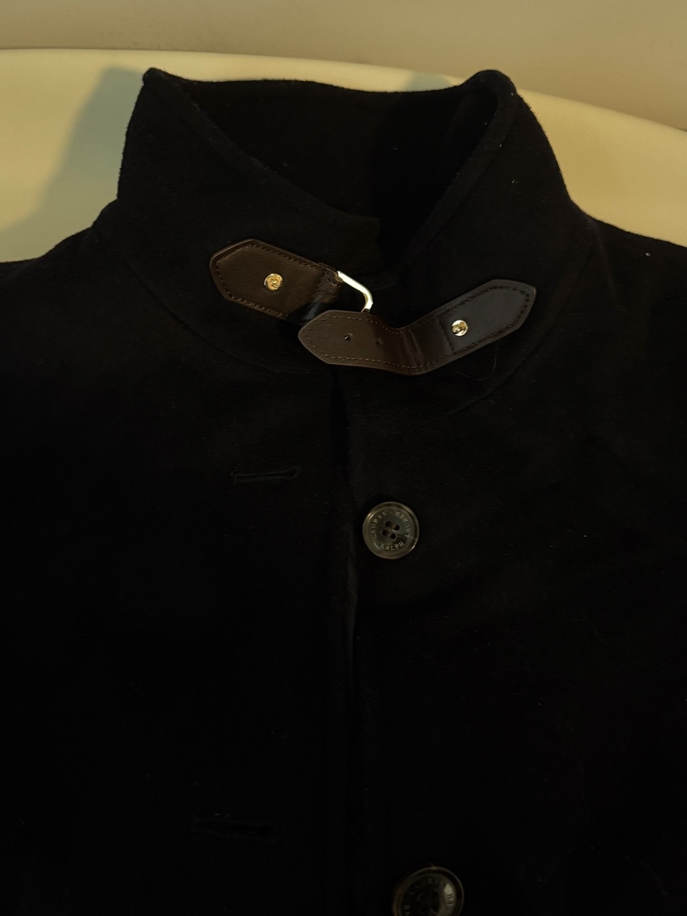 Ralph Lauren Black Pea Coat with Leather Buckle Collar